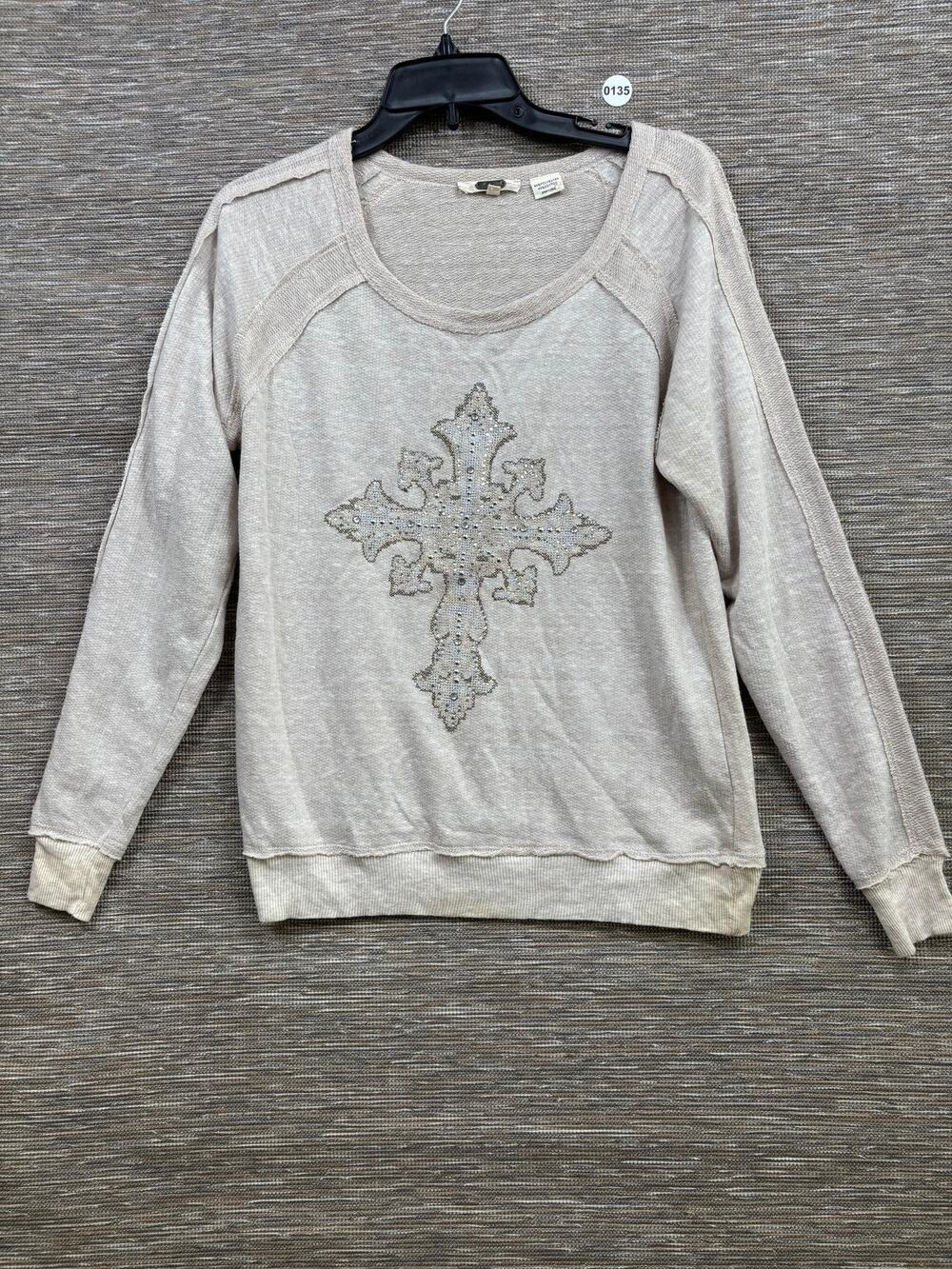 Miss Me Sweatshirt Womens Large Beige Rhinestone Cross Scoop Neck Pullover Terry